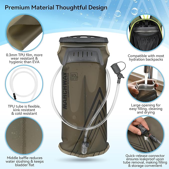MARCHWAY Lightweight TPU Hydration Bladder 2L/3L for Hydration Packs, Slide-Seal Wide Mouth Water Reservoir Bag with Carry Handle for Hiking, Cycling, Running, Camping, Travel