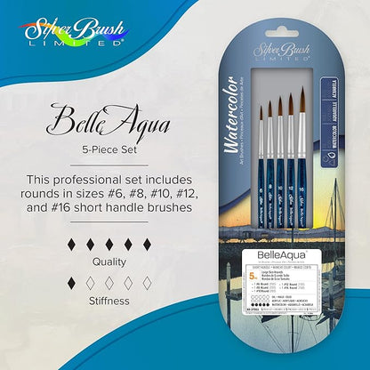 Silver Brush Limited BA-2706S BelleAqua Larger Size Round Watercolor Brush Set, 5pc Professional Short Handle Premium Soft Synthetic Red Sable Round Paint Brush Set, Sizes 6, 8, 10, 12, and 16
