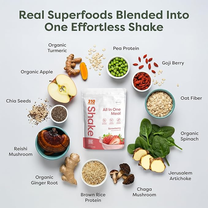310 Nutrition All-In-One Meal Replacement Shake Powder - Plant-Based Protein Smoothie Blend w/High Fiber, Probiotics & Adaptogens - Low Carb, Vegan, Keto & Paleo Friendly - Strawberry - 14 Srv