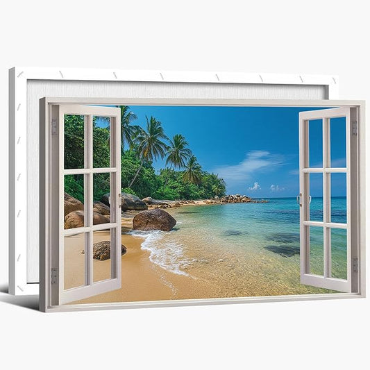 ANRUOXI Beach Pictures Wall Art Decor for Living Room, Blue Ocean Painting Decor for Bedroom, White Window Frame Style Palm Trees Canvas Wall Decor, Coastal View Artwork for Bedroom Office 12x18 Inch