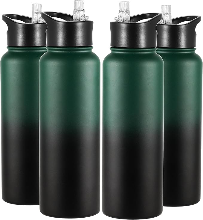 VEGOND 40 oz Insulated Water Bottle Bulk Stainless Steel Metal Water Bottles with Leak Proof Straw Lid & Spout Lid, Wide Mouth Double Walled Vacuum Travel Sports Bottle, 4 Pack