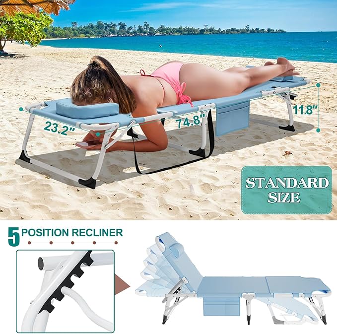 DoCred Heavy Duty Tanning Chair with Face Hole, Adjustable 5-Position Folding Chaise Lounge Chairs for Outside, Portable Lay Flat Beach Lounge Chair for Outdoor Sunbathing Beach Pool Lawn Camping