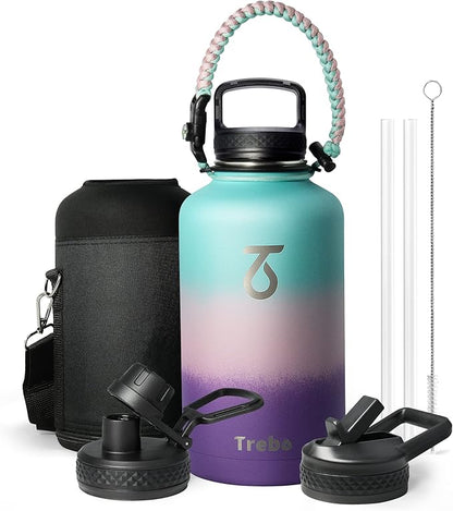 Trebo Water Bottle Insulated with Lid and Straw, Double Wall Vacuum Stainless Steel Metal Tumbler Sports Flask with Paracord Handle, Keep Cold 48 Hours Water Cup with 3 Lids, Hydrangea
