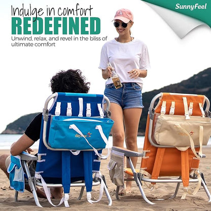 SUNNYFEEL Low Beach Chairs for Adults 5 Position Lay Flat, Portable Folding Backpack Beach Chair Heavy Duty with Cooler Bag, Cup Holder for Outdoor/Lawn/Picnic/Sand, Foldable Camping Chair