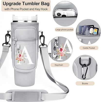 Initial Water Bottle Holder with Strap for Stanley 40 oz Tumbler/Simple Modern 40 oz Tumbler,Water Bottle Carrier Bag with Strap,Personalized A-Z Phone Pocket for Stanley Cup Accessories