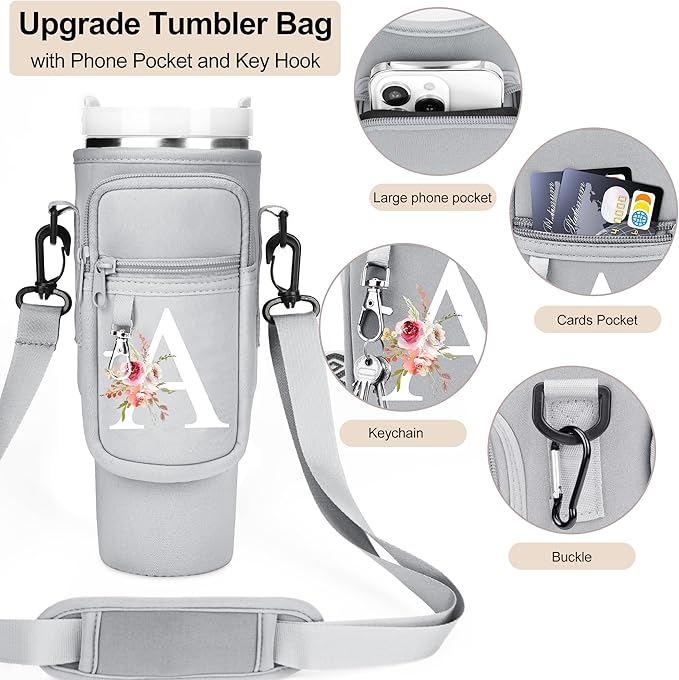 Initial Water Bottle Holder with Strap for Stanley 40 oz Tumbler/Simple Modern 40 oz Tumbler,Water Bottle Carrier Bag with Strap,Personalized A-Z Phone Pocket for Stanley Cup Accessories