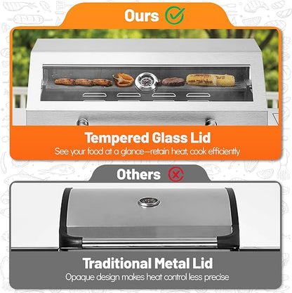 5-Burner Propane Gas Grill with Side Burner, 50,000 BTU, Stainless Steel 4+1 BBQ Grill, Porcelain-Enameled Cast Iron Grates,Locking Casters, Outdoor Grill for Patio & Backyard