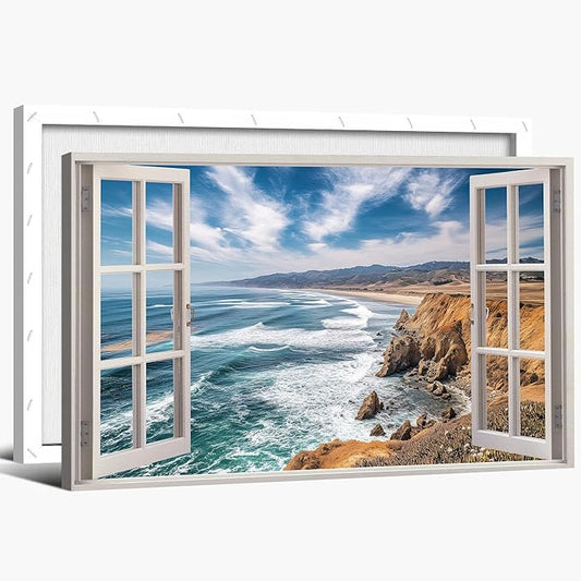 ANRUOXI Beach Window Canvas Wall Art, Enclosed Bedroom Living Room Ocean Coastal Channel Scene Picture, Tropical Sea Landscape Painting Print Artwork Horizontal Seascape Artwork for Bedroom 28x40 Inch