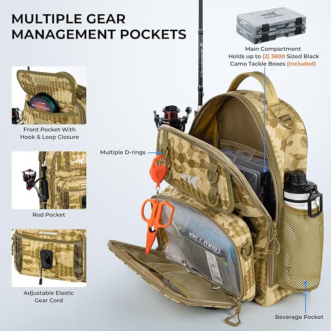KastKing BaitSpace Fishing Sling Bag, Fishing Backpack with Rod & Beverage Holder, Tackle Bag for Fishing Gear