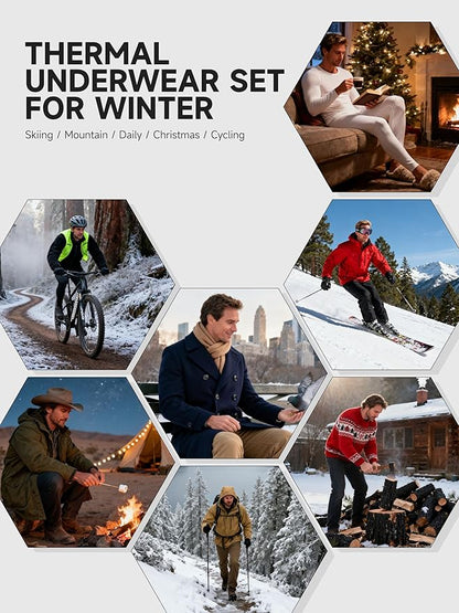 VZV Thermal Underwear for Men Fleece Lined Long Johns for Mens Thermals Top and Bottom Set Soft Base Layer for Winter