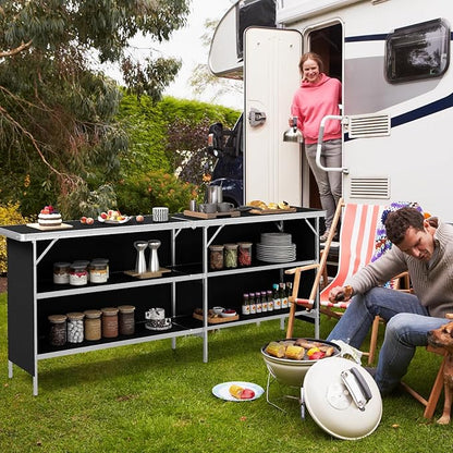 GOFLAME Folding Camping Table, Aluminum Portable Picnic Table w/ 2-Tier Open Shelves & Spacious Tabletop, Carrying Bag Included, Outdoor Large Kitchen Table for Picnic, BBQ, Party, Backyard (Black)