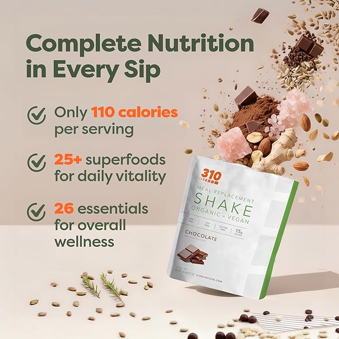 310 Nutrition Organic All-In-One Meal Replacement Shake Powder - Plant-Based Protein Smoothie Blend w/Fiber, Probiotics & Adaptogens - Low Carb, Vegan, Keto & Paleo - Chocolate - 14 Servings