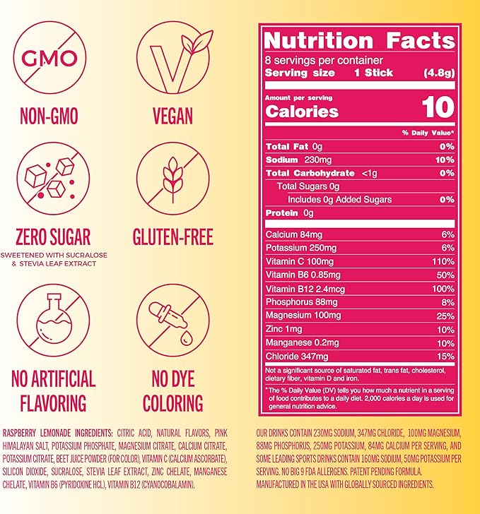 TREVI™ Sugar Free Electrolytes - Drink Mix Hydration Powder Packets - 8 Count - Raspberry Lemonade