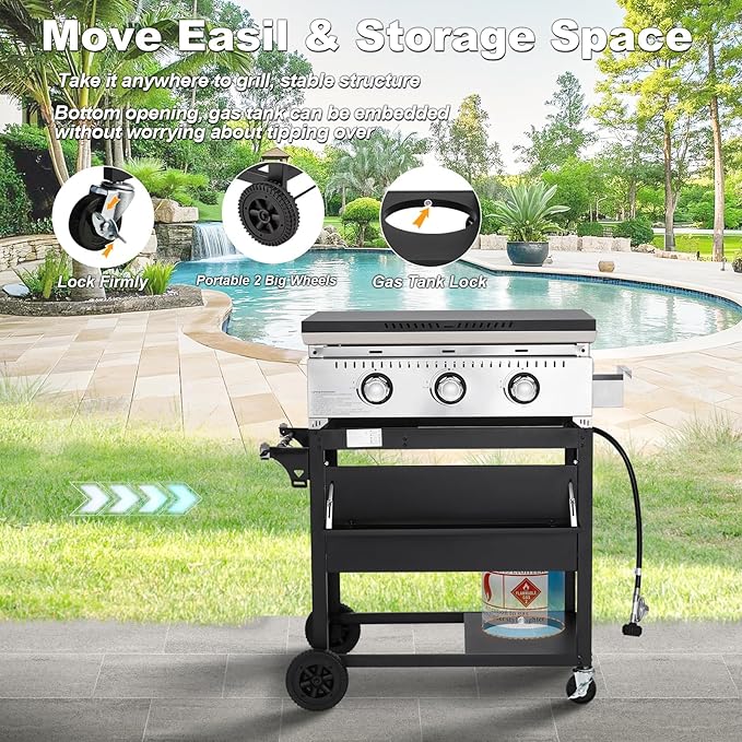 MELLCOM 3 Burner 30000 BTU Outdoor Gas Griddle with Lid (Side Shelf), Portable Flat Top Griddle 28 Inch Heavy-Duty Cast Iron Grill, Bottle Rack & Grease Pan for Camping, Picnic, Patio