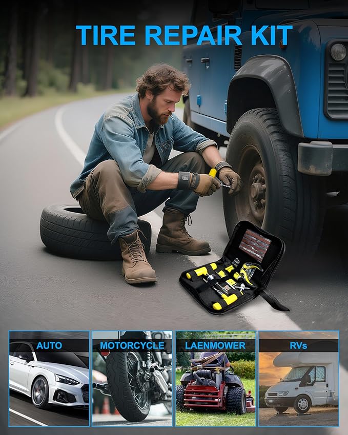 Tire Repair Kit with Plugs, Tire Plug Kit Heavy Duty Professional for Car, ATV, Motorcycle, Truck, Flat Tire Emergency Repair(Zipper Bag Type-33 PCs)