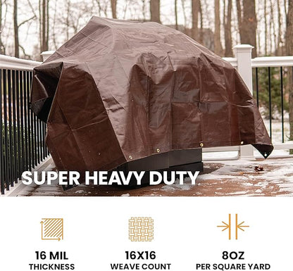WHITEDUCK Super Heavy Duty Poly Tarp Cover 16 Mil & 10 Mil with Grommets and Reinforced Edges (Brown, White & Silver Black) (Brown- 16 Mil, 10' x 12')