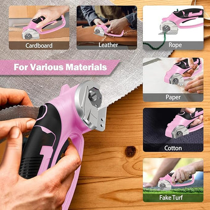 Cordless Electric Scissors, 4V Box Cutter & Cardboard Cutter with 2 Titanium Blades - Rotary Cutter with LED Light for Fabric, Leather, Carpet, Plastic, Crafting + Storage Case (Pink)