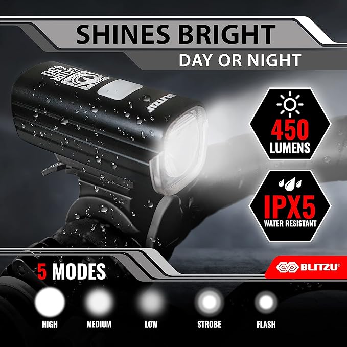 BLITZU Bike Lights Set – Gator 450 LED USB-C Rechargeable Headlight & Rear Taillight with Front and Back Bike Reflectors – Bicycle Accessories for Night Riding, Men & Kids