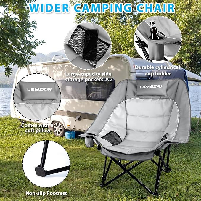 Outdoor Oversized Camping Chair, Heavy Duty Support 500 LBS for Adults, Portable Folding Wide Lawn Chair with Headrest Support and Cup Holder, Low Camping Chair for Fishing, Garden, Grey