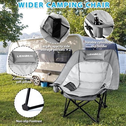 Outdoor Oversized Camping Chair, Heavy Duty Support 500 LBS for Adults, Portable Folding Wide Lawn Chair with Headrest Support and Cup Holder, Low Camping Chair for Fishing, Garden, Grey