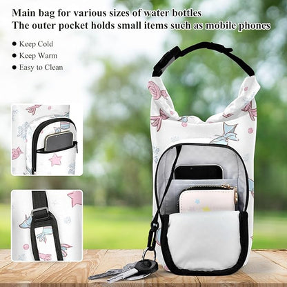 Candies Bows Stars Snowflake Water Bottle Holder with Strap Insulated Water Bottle Carrier Crossbody Bags Pouch with Phone Pocket for Travel Gym Hiking Walking Running