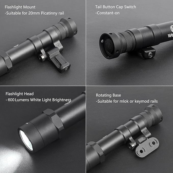NOBUHIRO M600B 600 Lumens Tactical Flashlight, with Replaceable Mounting Rotating Base for 20mm Picatinny & Mlok/Keymod Rail, Include with Remote Pressure & Push Button Switch (M600B)