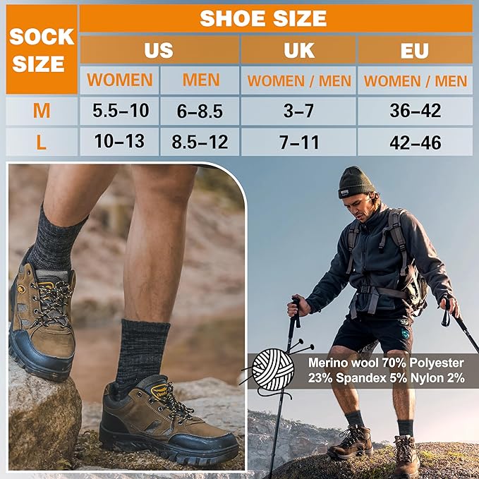 EBMORE Merino Wool Thermal Warm Socks Thick Winter Hiking Cozy Crew Comfy Cushioning Socks 4 Pairs for Women Men