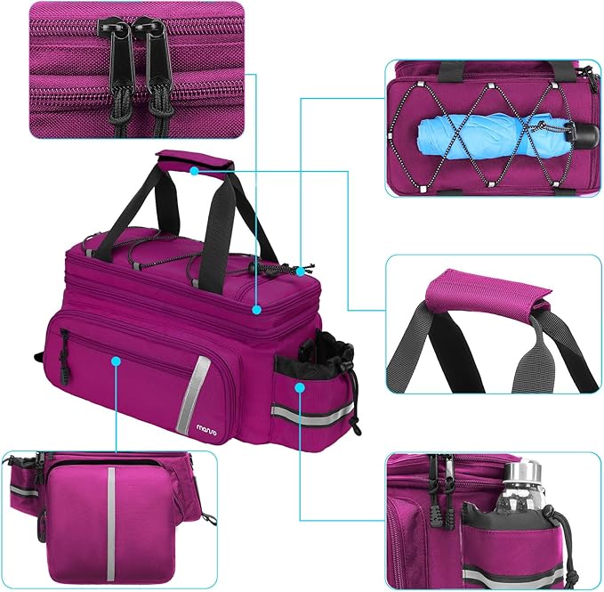 MOSISO Bike Rack Bag with Rain Cover, Bike Trunk Cooler Handag Insulated Bicycle Rear Seat Pouch with 2 Side Foldable Panniers, 8L Cycling Backseat Storage Cargo Saddle Shoulder Bag, Rose Red