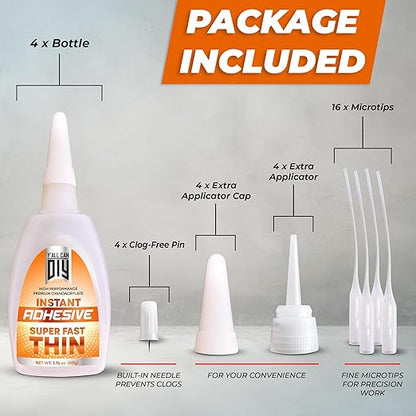 4 Pk X 1.76 Oz. (50g) CA Glue - Thin Cyanoacrylate Based Super Glue for Woodworking - Model Car Adhesive, Strong Bonds in Model Airplane, Wood Projects. Fast Drying, Instant Wood Bond