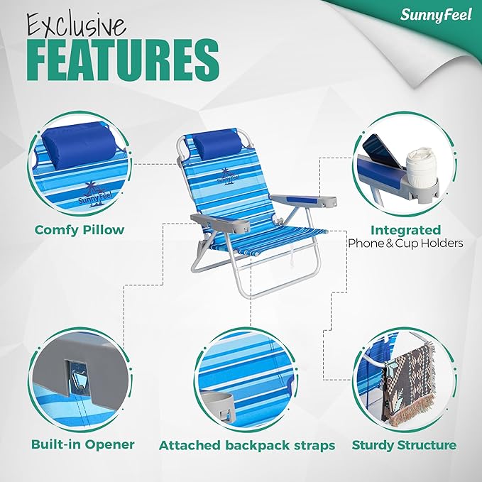 SUNNYFEEL Extra Wide 28" Low Beach Chair 2 Pack 5 Position Lay Flat, XL Oversized Portable Folding Camping Chairs with Cup Holder for Outdoor/Trip, Foldable Backpack Beach Chair for Adults