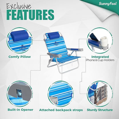 SUNNYFEEL Extra Wide 28" Low Beach Chair 2 Pack 5 Position Lay Flat, XL Oversized Portable Folding Camping Chairs with Cup Holder for Outdoor/Trip, Foldable Backpack Beach Chair for Adults
