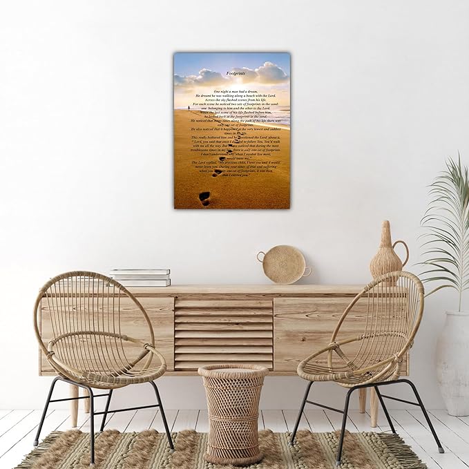 Footprints in the Sand Canvas Prints Wall Art, Footprints in the Sand Wall Art Decor, Inspirational Christian Poem Wall Poster Gift, Beach Picture Wall Art for Living Room Beach Office 12"Wx18"HInches