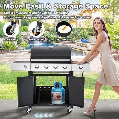 MELLCOM Upgraded 44,000 BTU Stainless Steel Burner Barbecue Grill, 4 Burner BBQ Propane Gas Grill with Side Stove & Cast Iron Grates for Patio, Camping, Outdoor Cooking