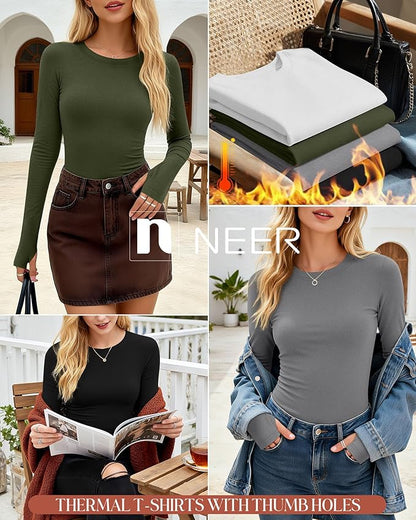 Neer 4 Pack Women's Fleece Thermal Long Sleeve Shirts, Thumb Holes Crew Neck Slim Fit Tops Warm Workout Basic Undershirt