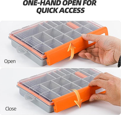 RUNCL Fishing Tackle Box - 360° Waterproof Tackle Trays, 3700 Fishing Tackle Box Organizer with Adjustable Dividers for Jigs Lures, Orange, 2 Pack