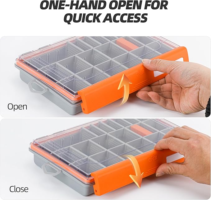 RUNCL Fishing Tackle Box - 360° Waterproof Tackle Trays, 3600 Fishing Tackle Box Organizer with Adjustable Dividers for Jigs Lures, Orange, 1 Pack