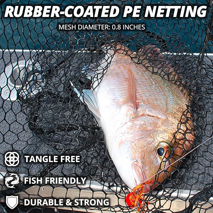 Long Fishing Net, Foldable Landing Net with Telescoping Handle, Rubber Netting, Lightweight & Strong, Length 56″-75″, Hoop Size 20″ x 19″, Depth 20″, 25 lbs. Capacity