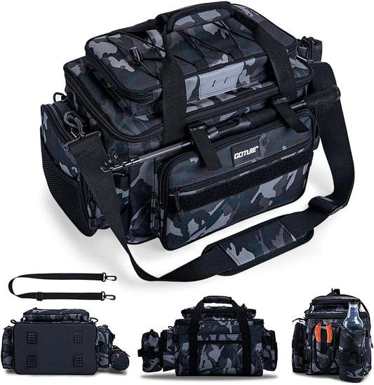 Goture Fishing Tackle Bag, Store Up to 4PCS 3700 Plus 2PCS 3600 Tackle Trays(Not Included), 600D Soft Side Gear Fishing Bag with Rod Straps,Detachable Water Bottle Pouch,Waterproof Bottom,SBS Zippers
