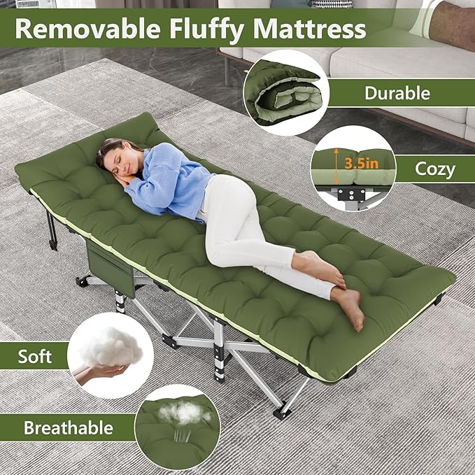 Slendor Folding Camping Cot for Adults, Heavy Duty 1200D Oxford Camping Bed with 3.5in Thick Mattress, 500lbs Max Load, Portable Foldable Outdoor Cot for Camping, Travel, Home Guest, Office Nap