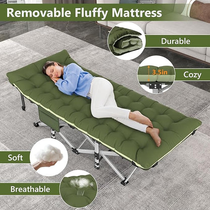 Slendor Folding Camping Cot for Adults, Heavy Duty 1200D Oxford Camping Bed with 3.5in Thick Mattress, 500lbs Max Load, Portable Foldable Outdoor Cot for Camping, Travel, Home Guest, Office Nap