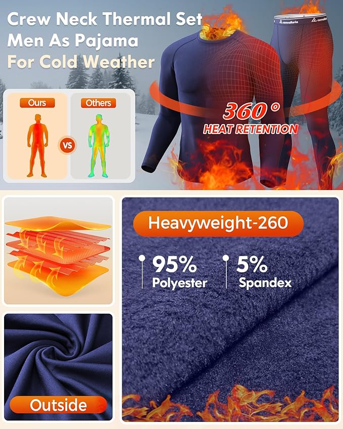 CL convallaria Thermal Underwear for Men Long Johns Fleece Lined Hunting Gear Set Base Layer for Cold Weather XS-4XL