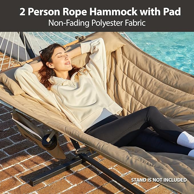 Outdoor Double Hammock with Hardwood Spreader Bars, Large Rope Hammock with Polyester Pad and Pillow, 475 LBS Capacity for 2 Person Patio Backyard Poolside - Tan