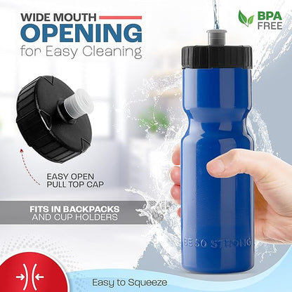 50 Strong Sports Water Bottles – Reusable 22 oz BPA-Free Plastic Bottles with Pull Top Cap – Made in USA – Top Rack Dishwasher Safe – Fits Most Bike Cages Brand