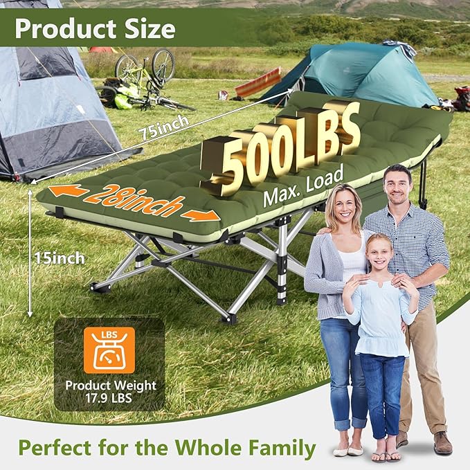 Slendor Folding Camping Cot for Adults, Heavy Duty 1200D Oxford Camping Bed with 3.5in Thick Mattress, 500lbs Max Load, Portable Foldable Outdoor Cot for Camping, Travel, Home Guest, Office Nap