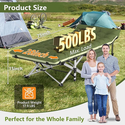Slendor Folding Camping Cot for Adults, Heavy Duty 1200D Oxford Camping Bed with 3.5in Thick Mattress, 500lbs Max Load, Portable Foldable Outdoor Cot for Camping, Travel, Home Guest, Office Nap
