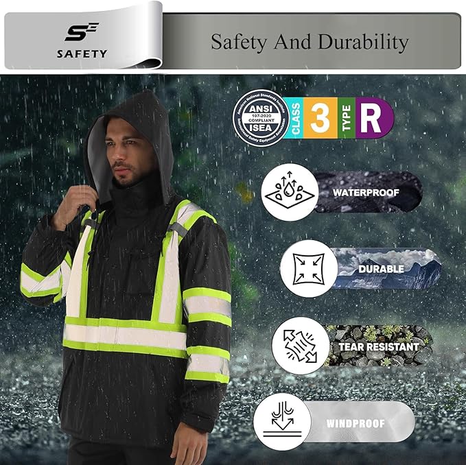 sesafety Hi Vis Rain Jacket, Rain Suits for Men Waterproof withBlack Bottom, Rain Coats for Men Interior Mesh, Class 3 HighVisibility Rain Gear,Removable Hood