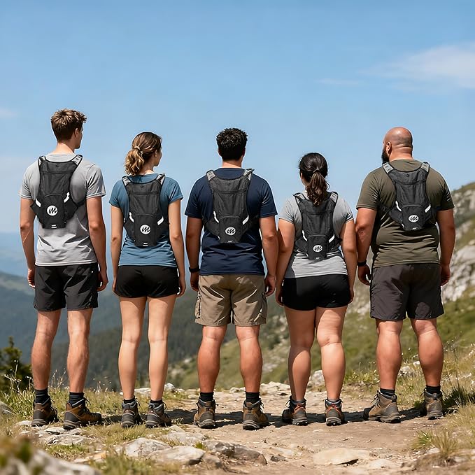 Moman Hydration Backpack with 2L Water Bladder, 600D PU Durable Hiking Backpack, Adjustable Strap & Removable Tool Pouch for Hiking/Running/Cycling/Music Festival/Rave for Men Women