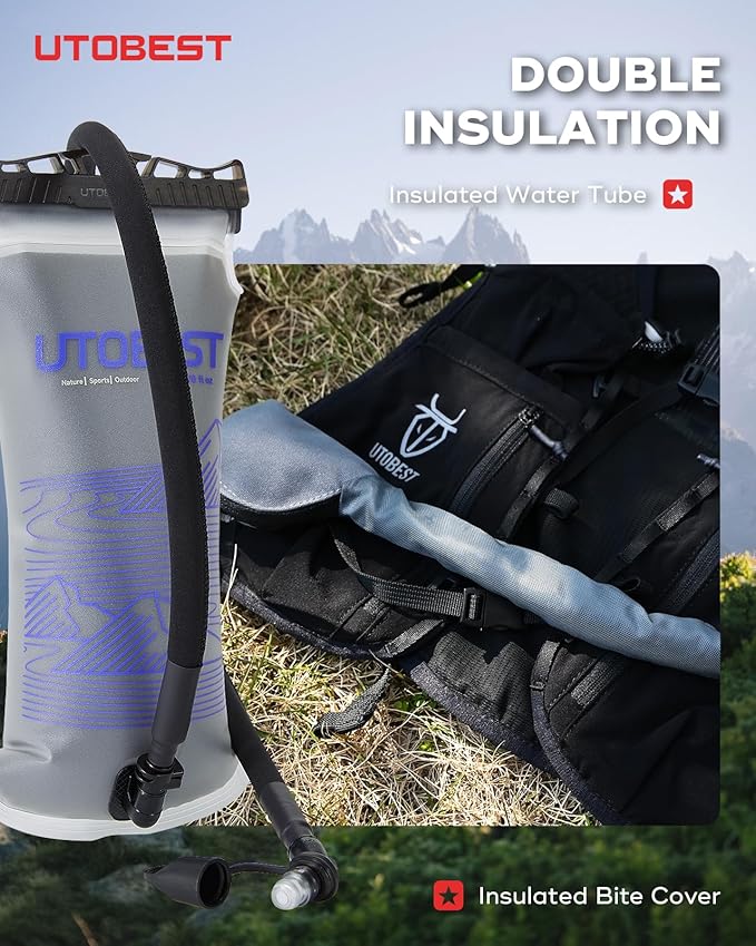 Insulated Water Bladder with Bite Valve Cover Keeps Water Cool or Warm for Hours, Leakproof TPU Hydration for Hiking Camping and Backpacking