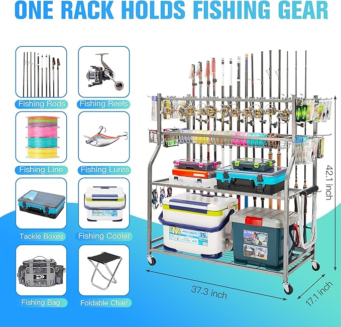 PeBro Fishing Pole Holders, Fishing Rod Holders for Garage, Fishing Rod Holder for Fishing Rod Tackle Box Reel Storage, All-In-One Fishing Rod Rack with Hooks and Wheels