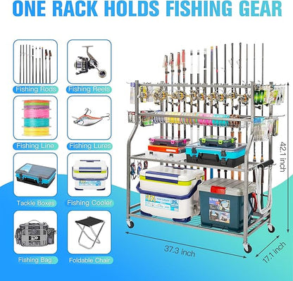 PeBro Fishing Pole Holders, Fishing Rod Holders for Garage, Fishing Rod Holder for Fishing Rod Tackle Box Reel Storage, All-In-One Fishing Rod Rack with Hooks and Wheels